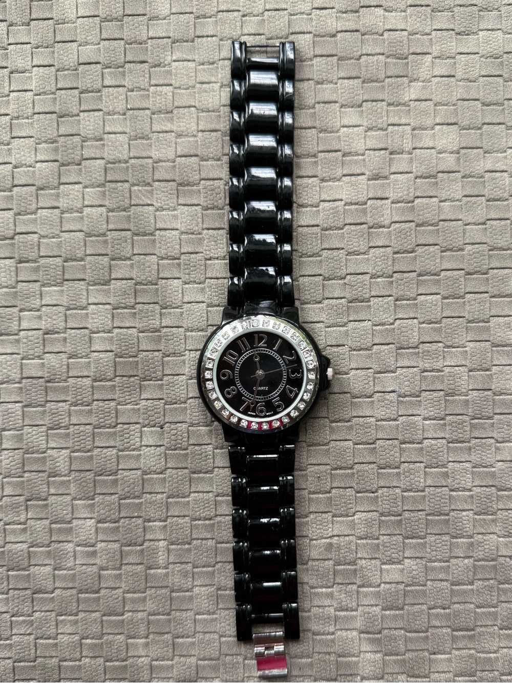 Black Metal Bezel Crystal Accent Women's Watch